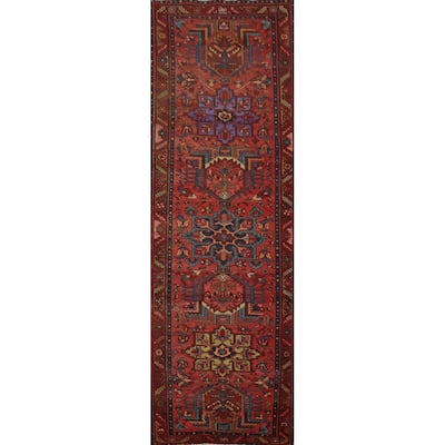 Hand Knotted Oriental 100% Wool Carpet Traditional Floral Oranges & Rust Heriz Runner Rug - 12' 8'' X 3' 3''