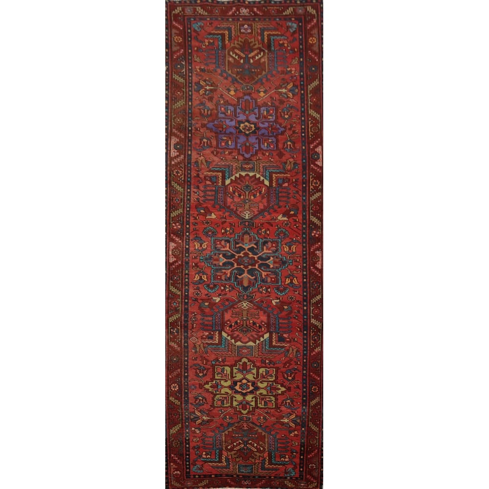Hand Knotted Oriental 100% Wool Carpet Traditional Floral Oranges & Rust Heriz Runner Rug - 12' 8'' X 3' 3''