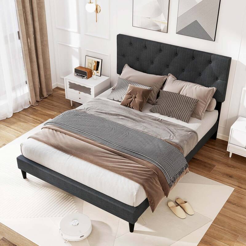Costway Twin/Full/Queen Size Bed Frame with Button-Tufted Headboard &