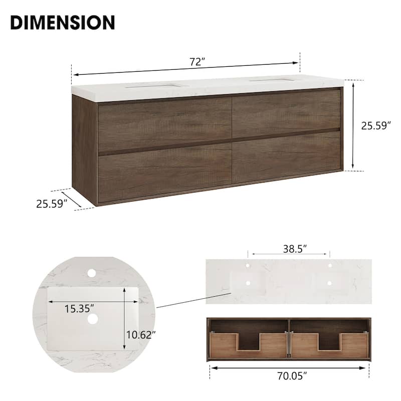 Sylphar 72 inch Bathroom Vanity with Sink, Floating Oak Cabinet with Stone Top