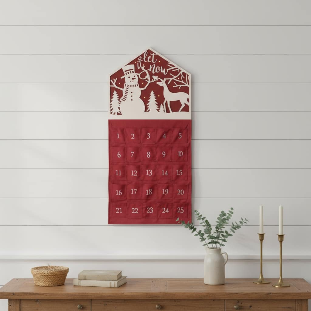 HomeRoots 35" X 17" Red And White Christmas Advent Calendar Let it Snow Wood Hanging Wall Decor