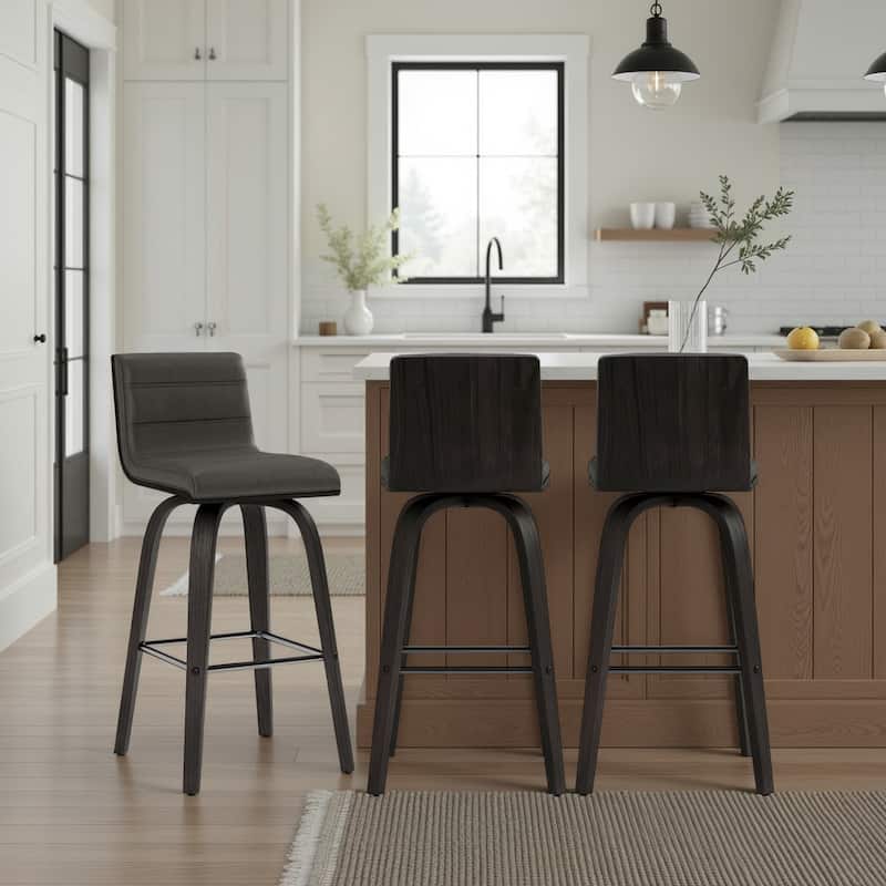 Skara Mid-Century Swivel Counter Stool, Upholstered Counter Height Chair with Bentwood Legs - Grey & Black - Set of 3