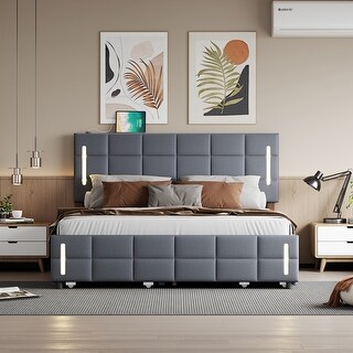 Queen Size Upholstered Platform Bed with Twin Size Trundle Wood Bed Frame & Drawers Storage Bed for Kids Teens Adults, Gray