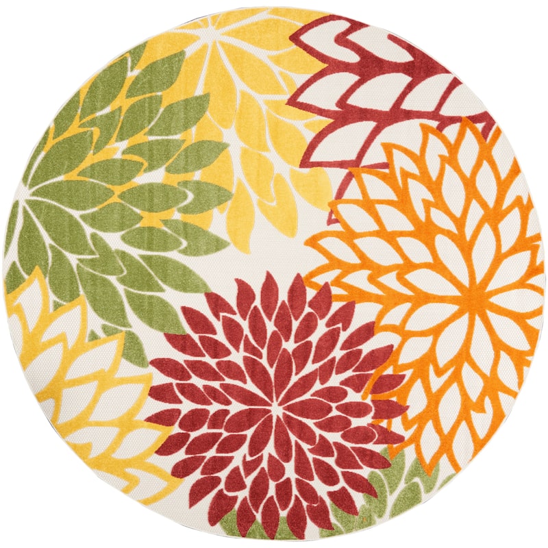 Nourison Aloha Floral Modern, Indoor/Outdoor Area Rug - 7'10" x Round - Red/Multi/Colored