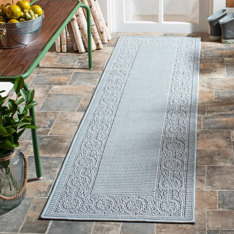 Martha Stewart by SAFAVIEH Washable Diamante Indoor/ Outdoor Waterproof Rug - 2' x 7' Runner - Aqua/Cream