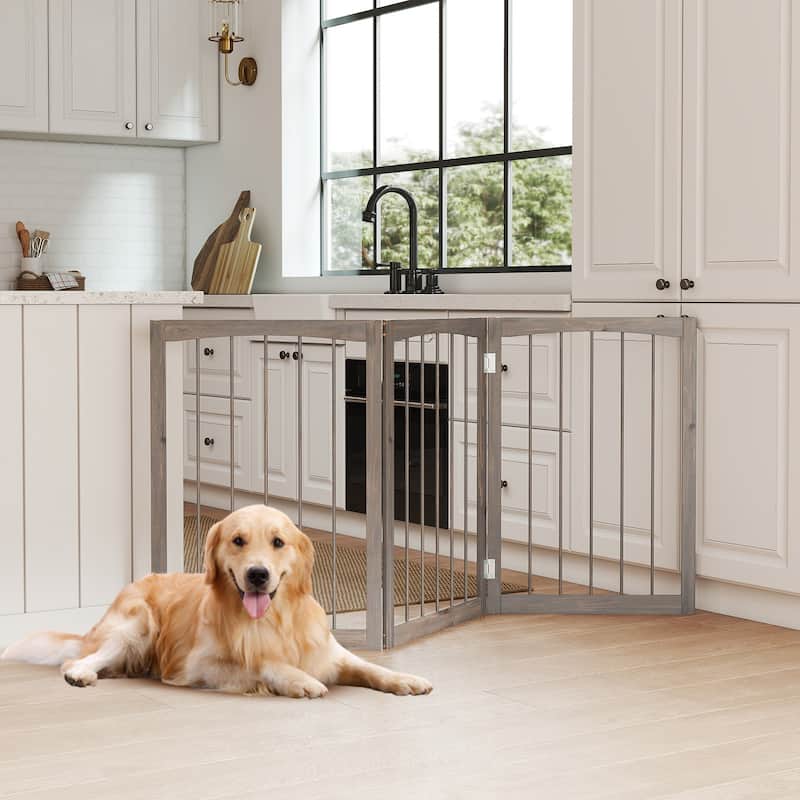 30" Expandable Dog Gate 3-Panel Foldable Wooden Pet Barrier for Doorways Bedrooms and Kitchens - 63" x 30"
