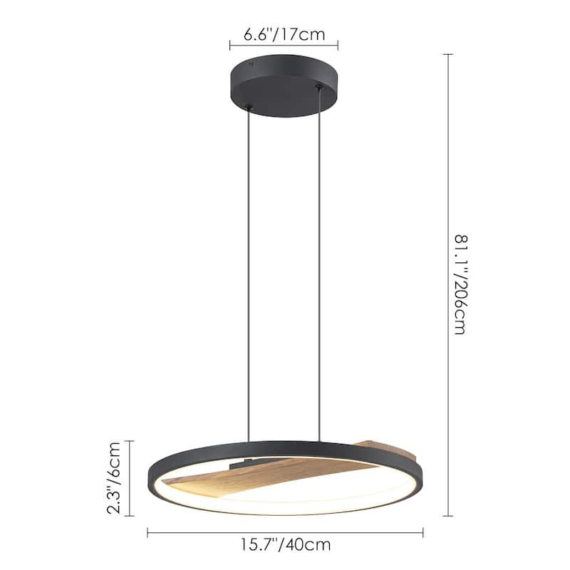 1-Light Modern Black Round Wheel Wood Integrated LED Pendant Light for Dining Room - 15.7 in. W x 81.1 in. H