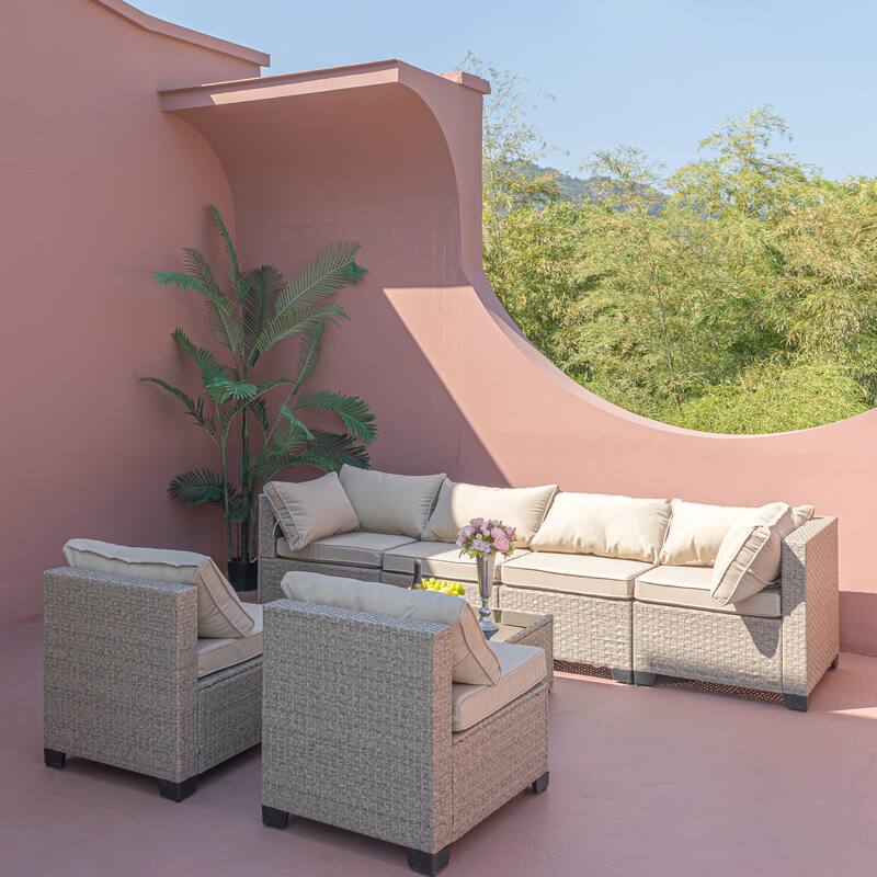 8-Piece Outdoor Sectional Sofa Set with Water-Resistant Cushions, Modular PE Wicker Patio Furniture with Glass Coffee Table