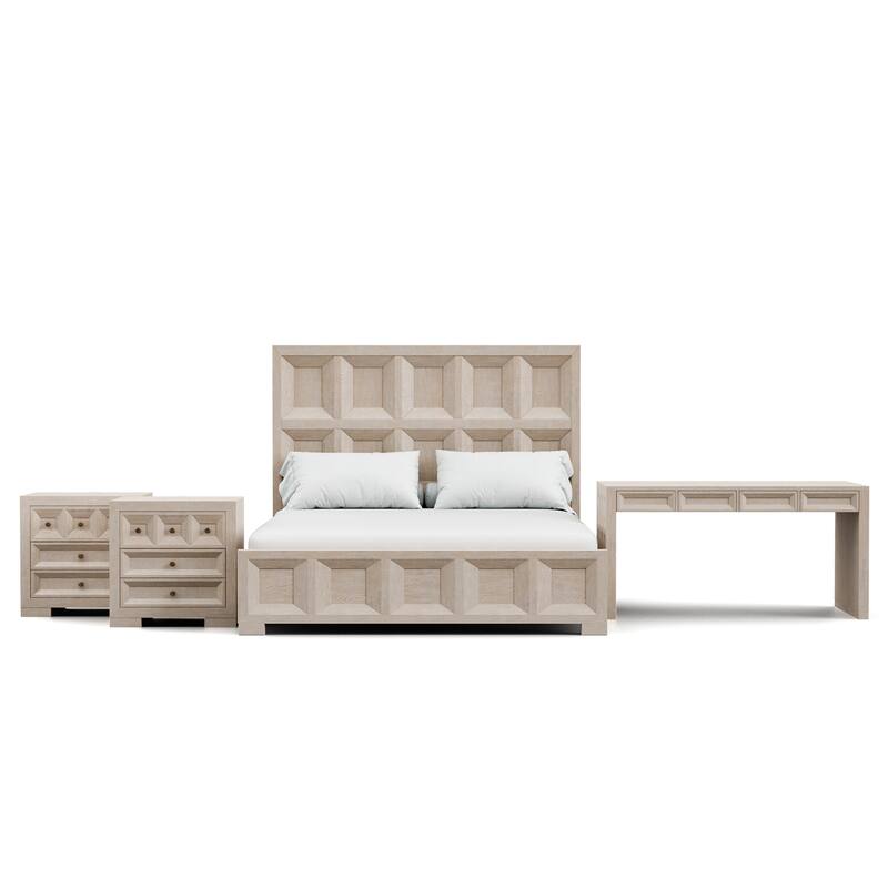 Furniture of America Durem Modern Classic 4-Piece Solid Wood Tawny Panel Bed with Desk and 2 Nightstand Set