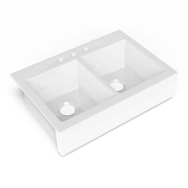 slide 1 of 5, Parker QuickFit Drop-in Farmhouse Fireclay 33.85 in. 3-Hole Double Bowl Kitchen Sink in Crisp White