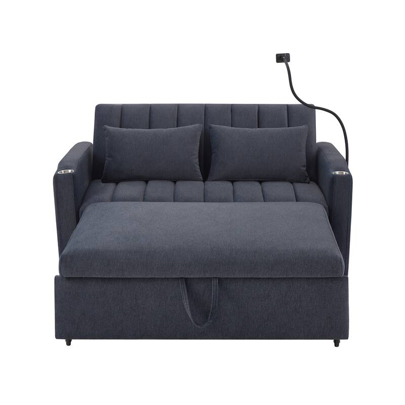 55.9" Convertible Sofa Bed Loveseat Sofa with Three USB Ports, Two Side Pockets, Two Cup Holders and 360°Swivel Phone Holder