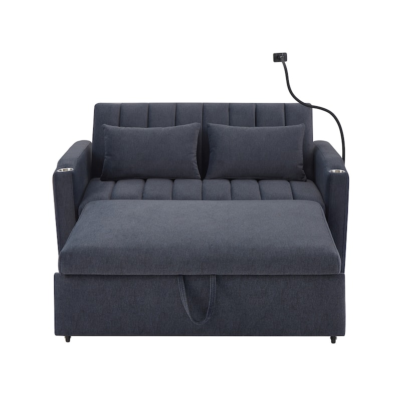 Anmytek 56 Inch Blue Grey Convertible Sofa Bed Loveseat with USB Ports Cup Holders and Swivel Phone Holder