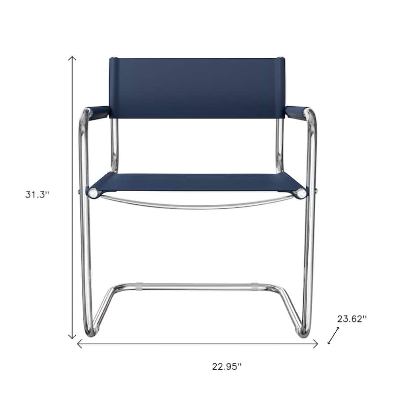 HomeRoots 23" Navy Blue and Silver Leather and Stainless Steel Arm Chair - 22.95 in. x 31.30 in. x 23.62 in.