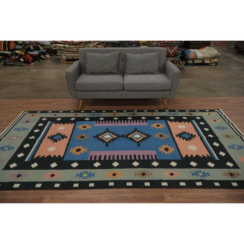 Hand Woven Oriental 100% Wool Carpet Southwestern Tribal Navy Blue & Blues Kilim Area Rug - 10' 0'' X 5' 3''