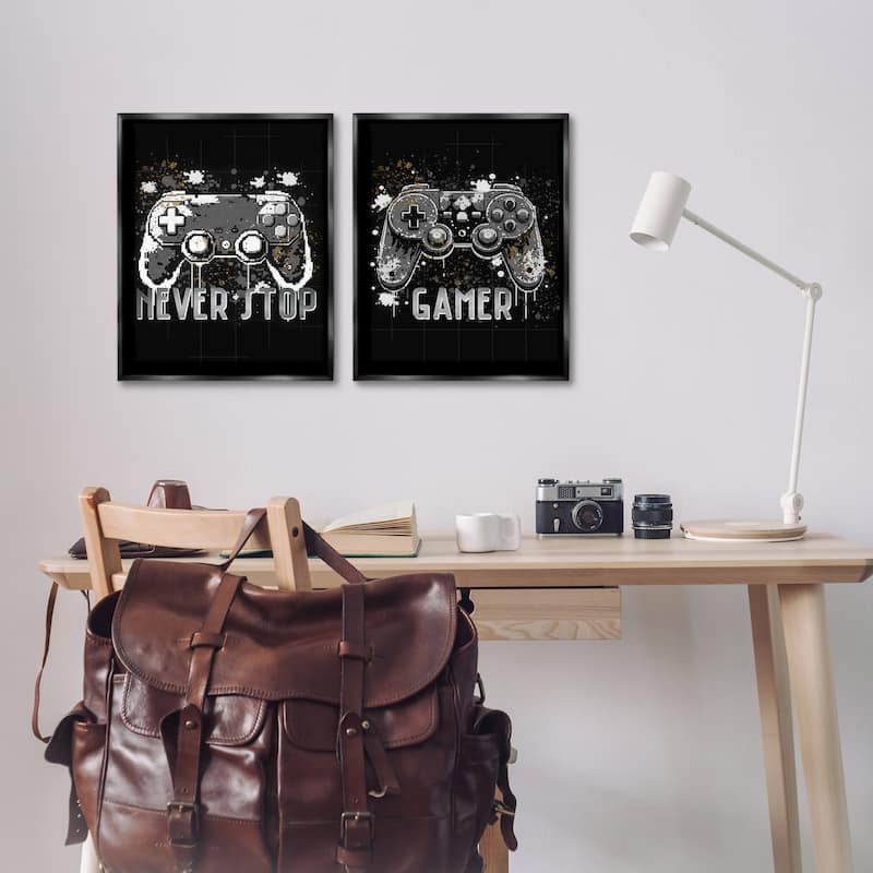 Stupell Modern Gamer Controller Phrases Framed Floater Canvas Wall Art Design By Kim Allen (Set of 2)