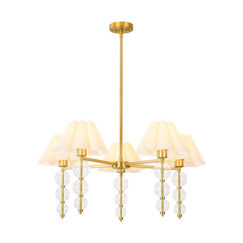 Rennnsan 5-Light 35 in. Transitional Gold Chandelier with Clear Glass Orbs and Fabric Shades - 34.6 in. Dia x 16.1 in. H