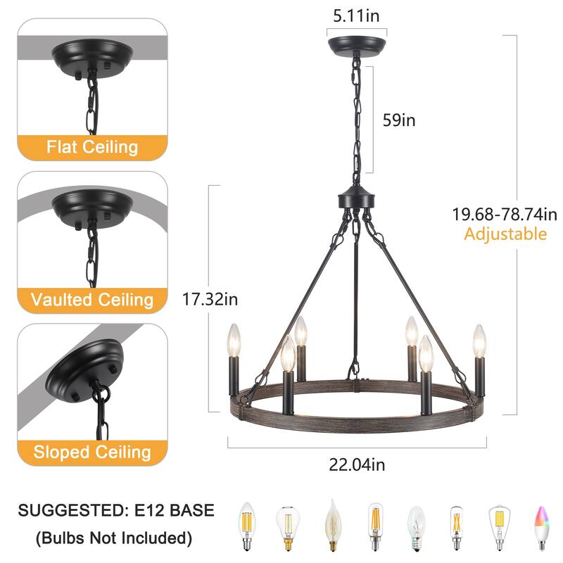 22.04 in. 6-Light Black Rustic Farmhouse Chandelier, Wagon Wheel Chandelier for Dining Room Living Room Bedroom Kitchen