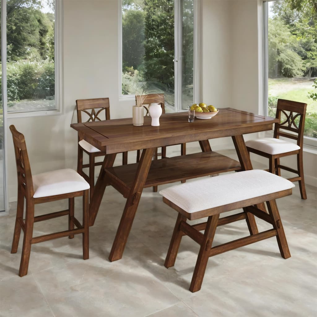 Wood Dining Table Set with Bench and 4 Chairs, 6-Piece, Counter Height