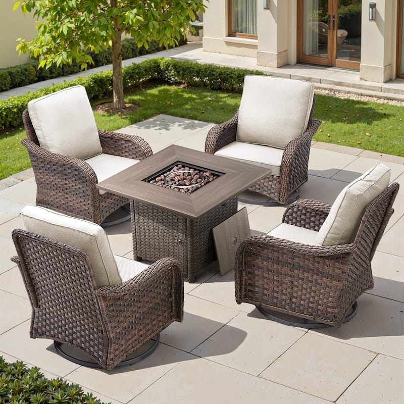 Cavira 5-Piece Brown Wicker Patio Fire Pit Set with 4 Swivel Glider Chairs