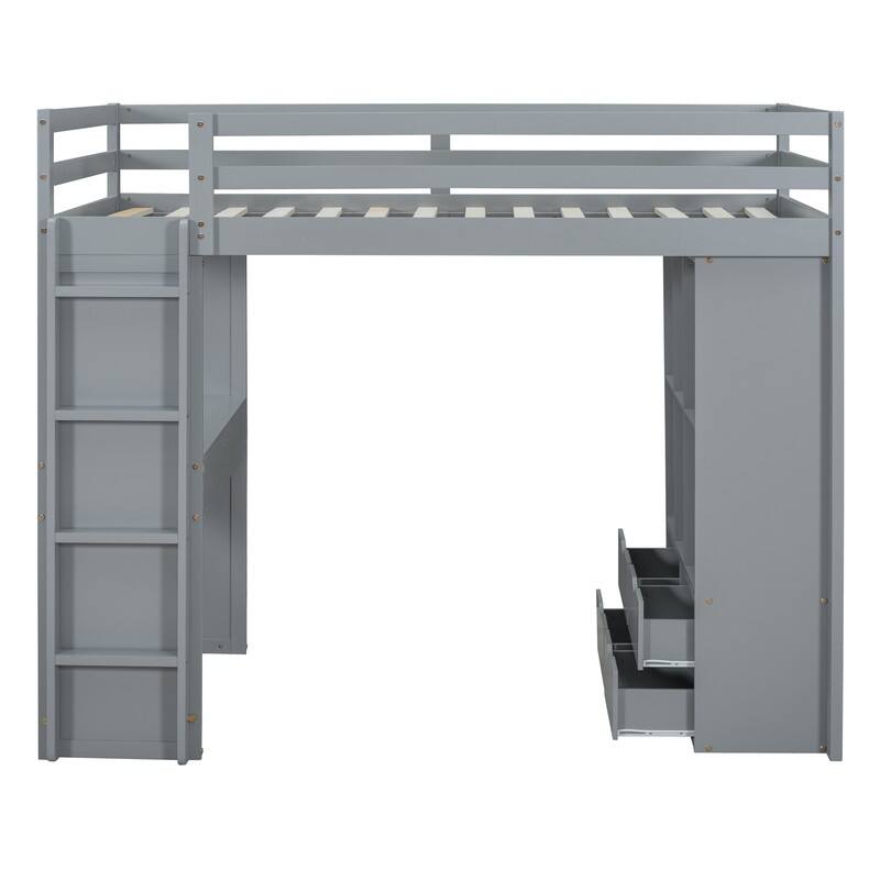 Twin Size Solid Wood Loft Bed with Desk,Shelves,and LED Light