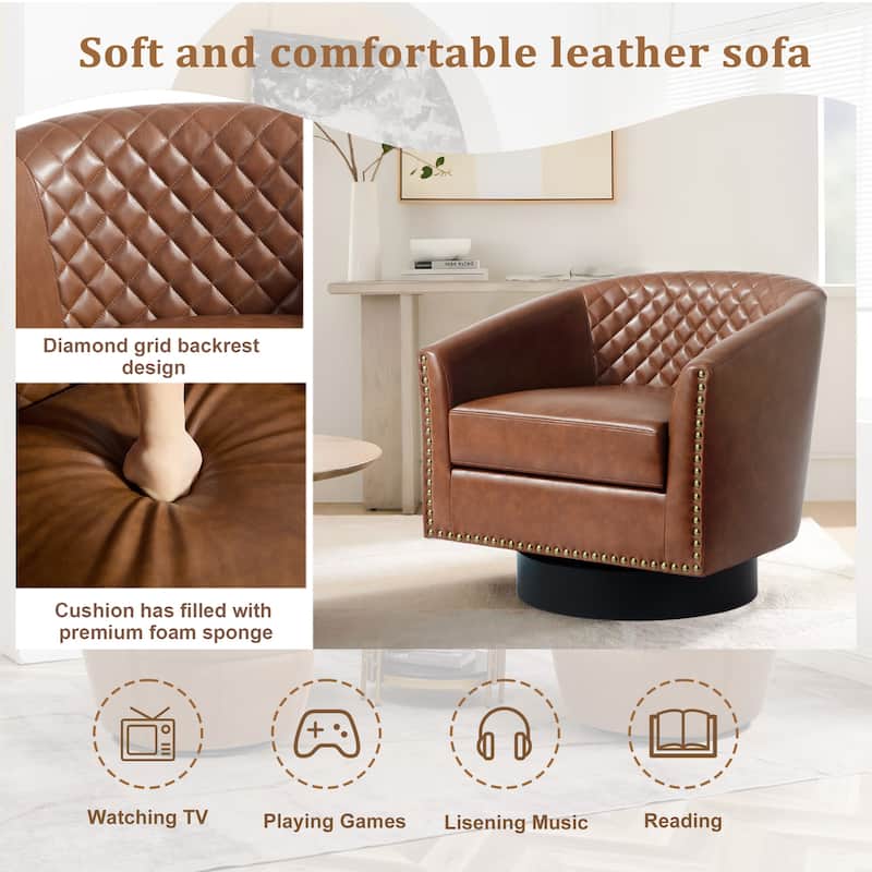 2 Set Tufted PU Vegan Leather Swivel Barrel Chair with Nailheads Trim