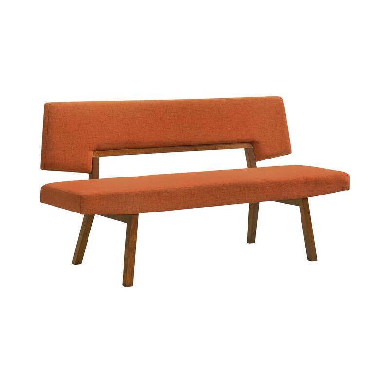 Yumi 63 Inch Dining Bench, Seat and Back with Orange Fabric, Walnut