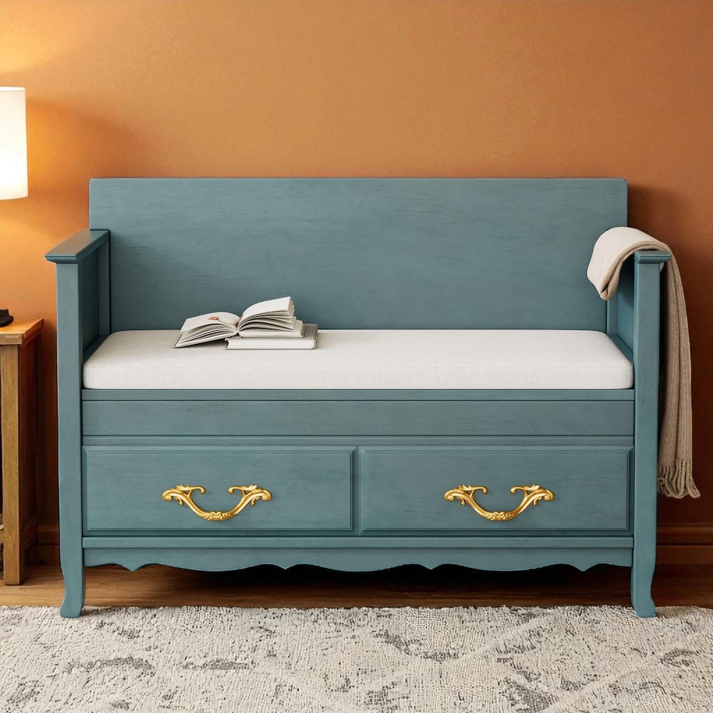 Entryway Shoe Bench with Removable Cushion, Gas Spring-Top Hidden Storage, Pine Frame & Vintage, 42" Wide