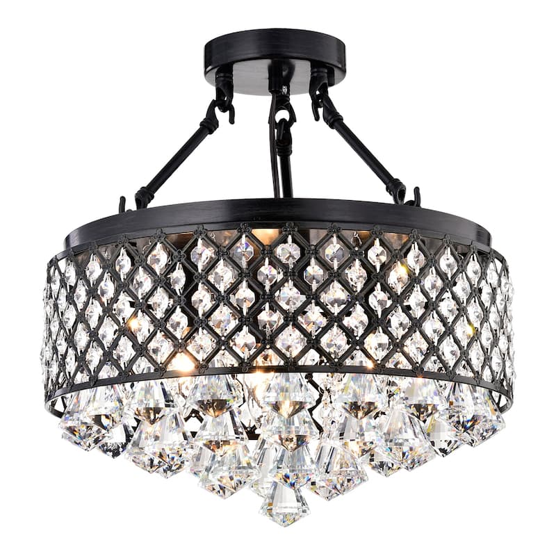 Antique Black 4-Light Beaded Drum Crystal Semi Flush Mount