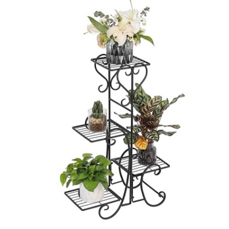 4 Potted Square Flower Metal Shelves Plant Pot Stand for Indoor Outdoor Garden - Black
