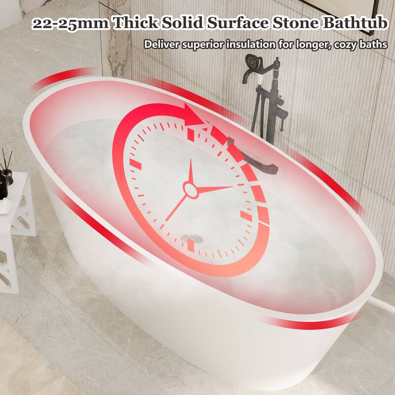 63 in. x 30 in. Solid Surface Stone Resin Freestanding Soaking Bathtub in. White with Tub Grab Bar and Drain Assembly
