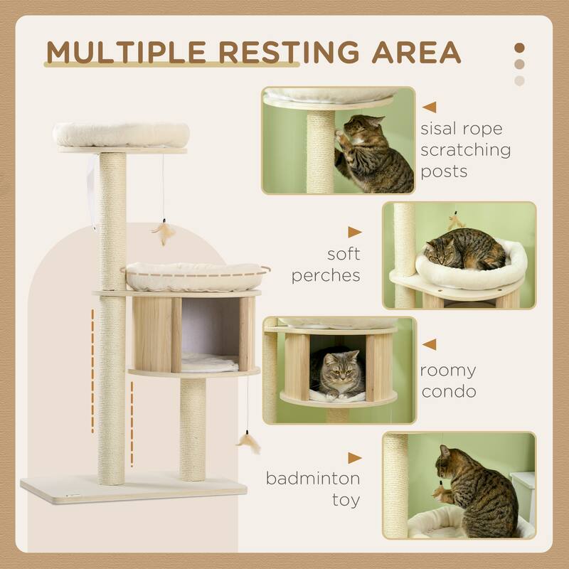 3-Level Cat Tree with Sisal Scratching Posts, Fun Cat Badminton Toy for Playing, Soft Cushions, & Play Areas - Natural