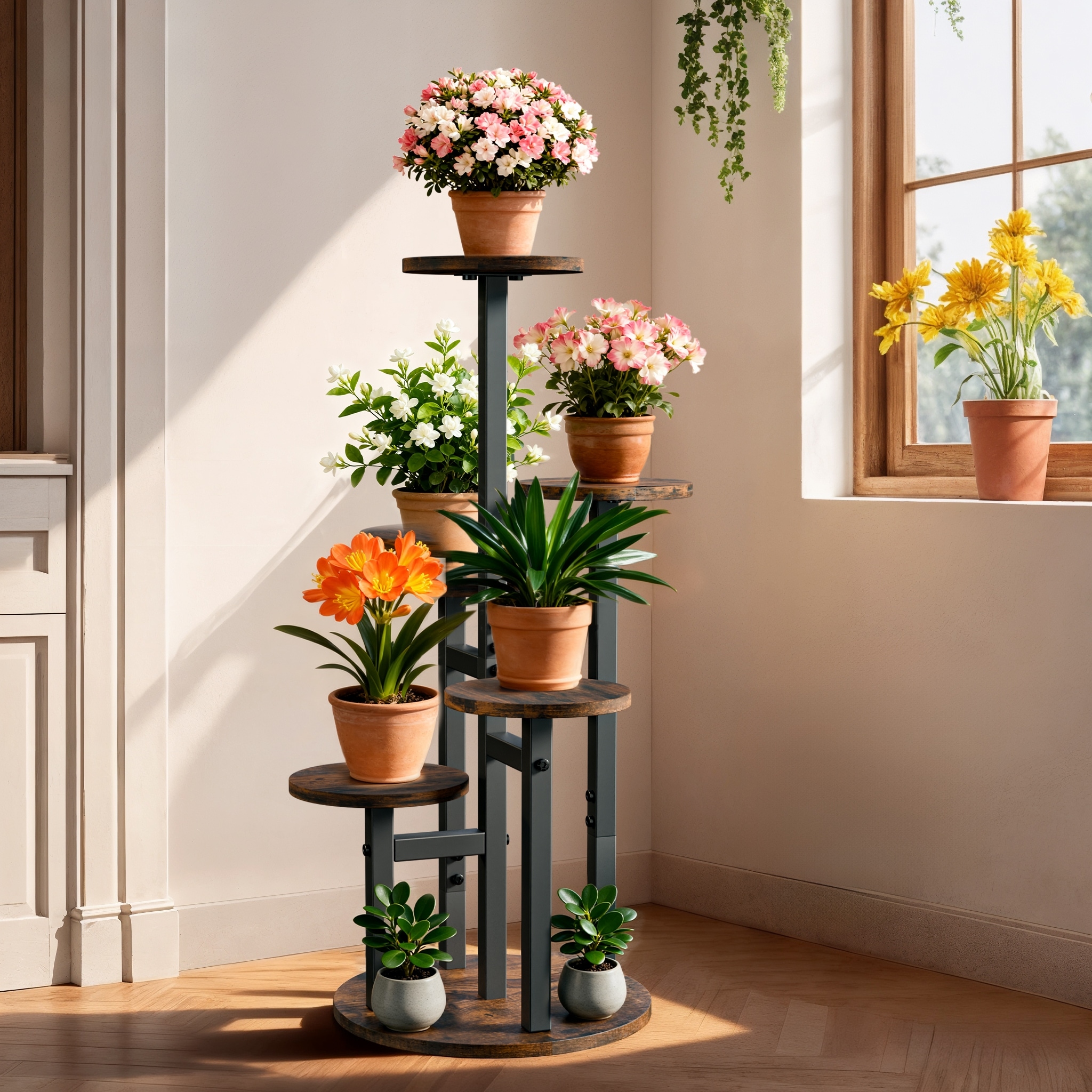 Re:ens 欅 × Iron Flower Stand Iron Wood 5-Tier Plant Stand Round Corner Flower Shelf Indoor
