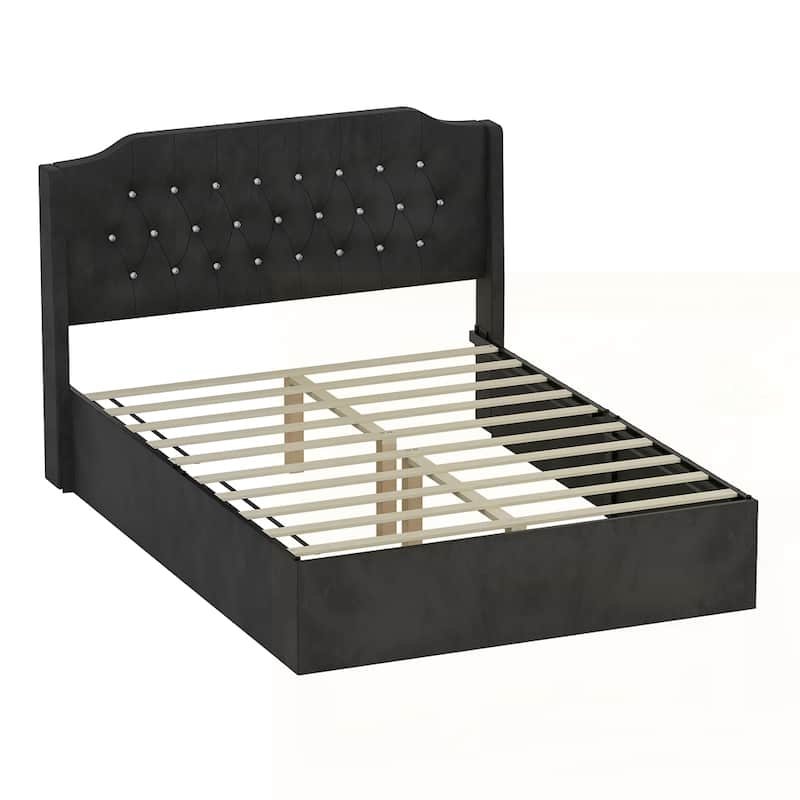 Tufted Upholstered Bed Frame with Crystal Button Accents