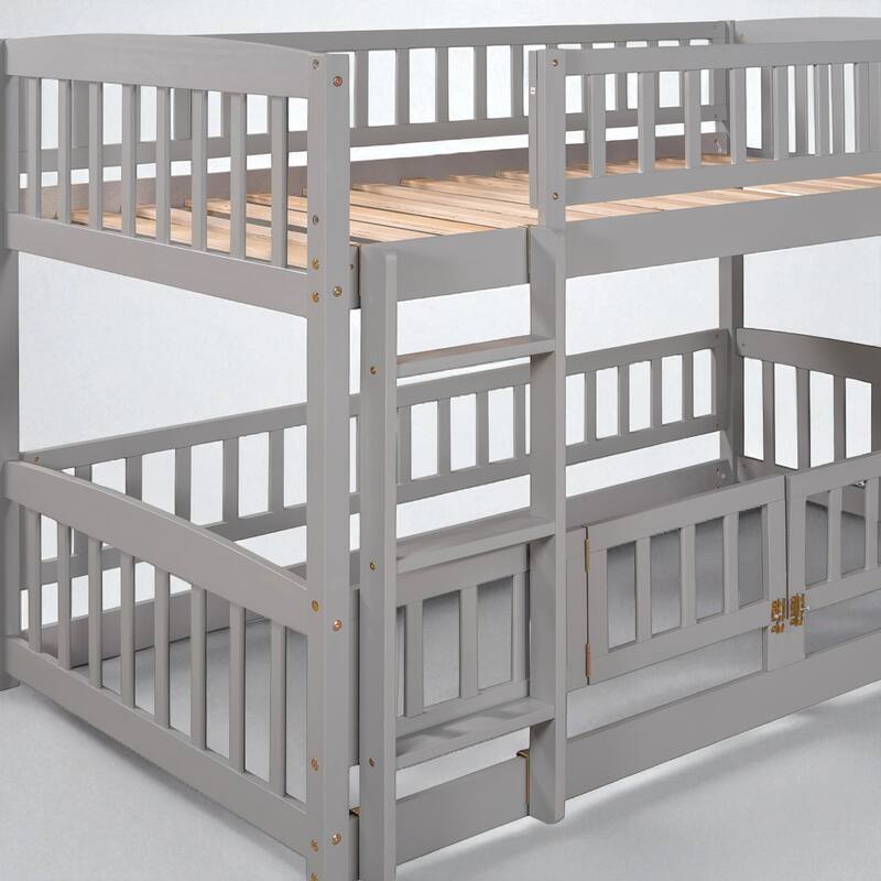 Twin Over Twin / Full Over Full Bunk Bed with Slide and Fence, Low Wood Frame with Ladder for Kids and Teens