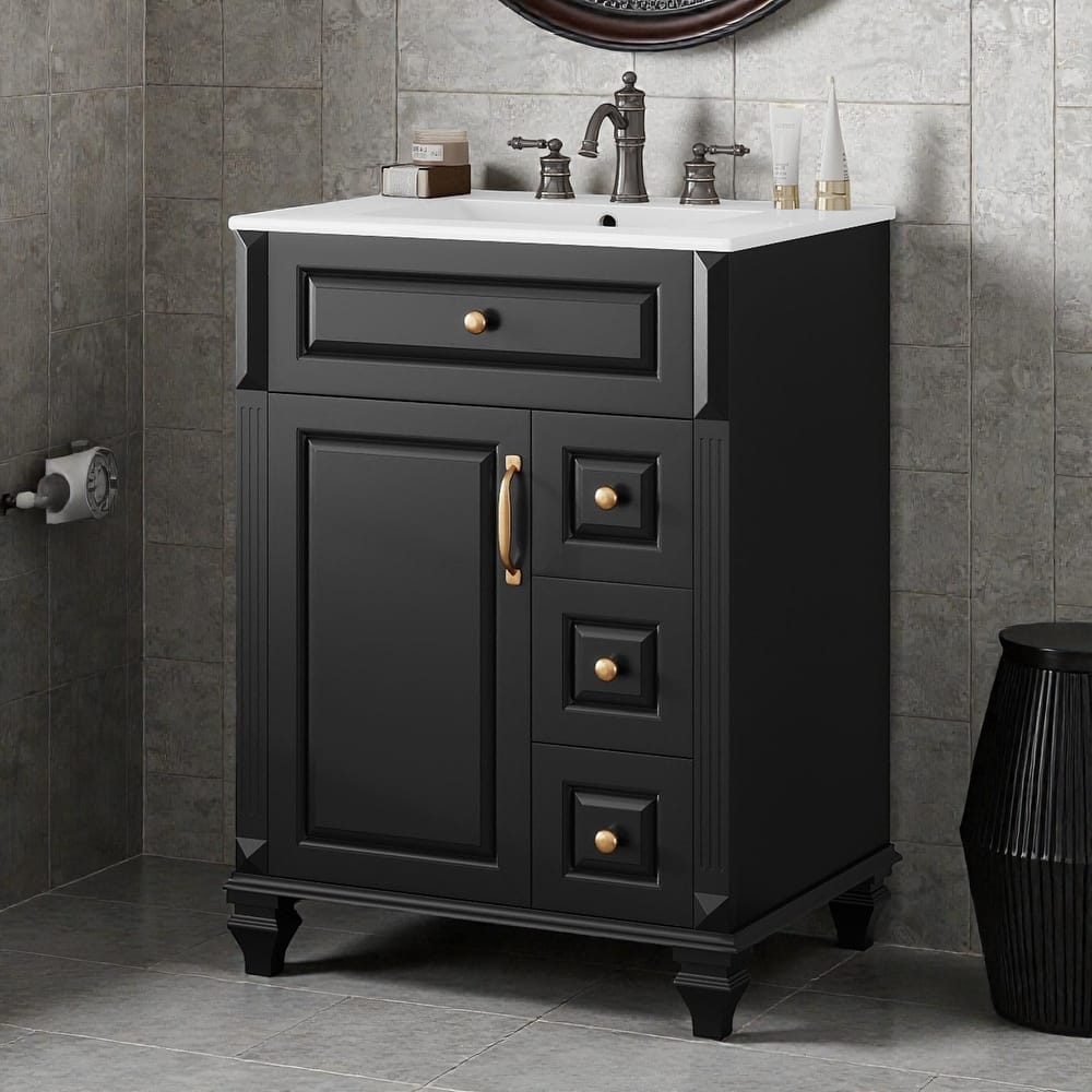 24 Inch Bathroom Vanity with Ceramic Sink, White Freestanding Vanity Cabinet with Flip-Out Drawer and Storage