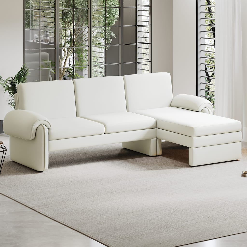 94.1" Convertible Futon Sofa Bed, Adjustable Backrest, Reversible Chaise, Detachable Pillows, Beige Chenille Upholstery