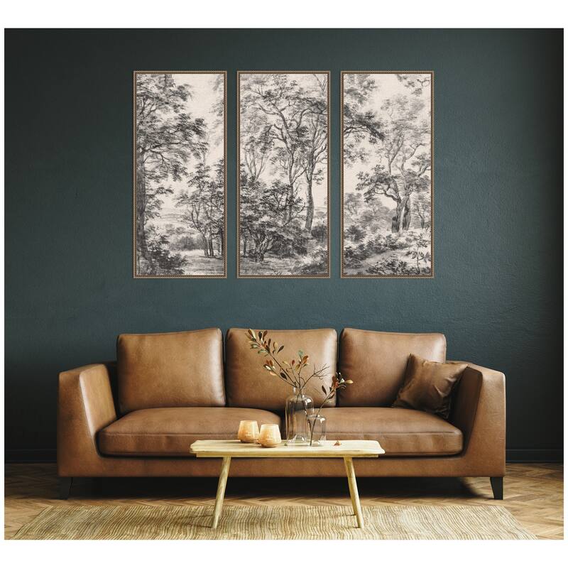 Kate and Laurel Wooded 1648 Antonie Waterloo Linen Panel 3 Piece Framed Canvas Wall Art Set by Nostalgia Prints