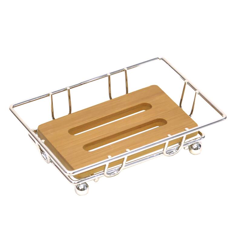 Bathroom Soap Dish Bamboo Tray Metal Wire - 4.14" L x 3.4" W x 1.4" H