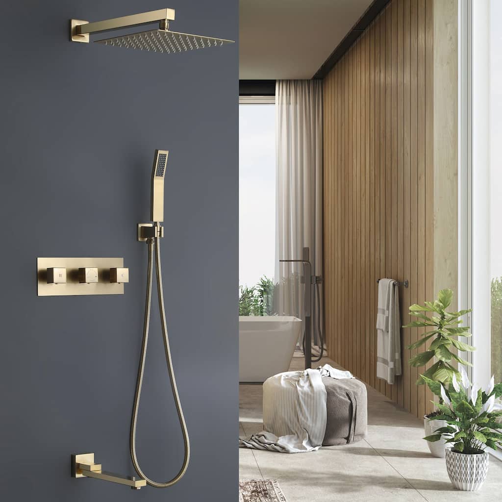 Three-Handle Bathroom Shower System in Brushed Gold