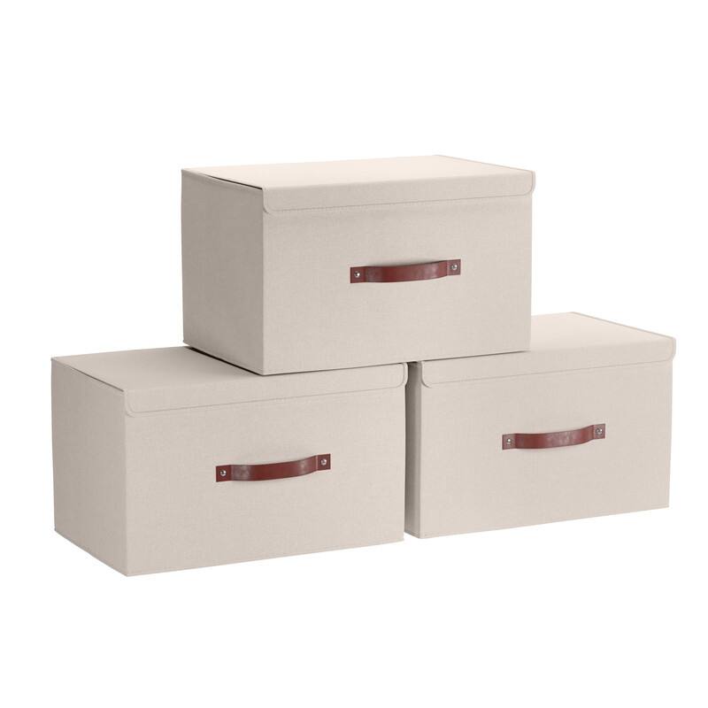 Foldable Collapsible Large Storage Box Bins Linen Fabric Shelf Basket with Leather Handles and Lid - Set of 3 - Beige - 16.5" L x 11.8" W x 7.5" H
