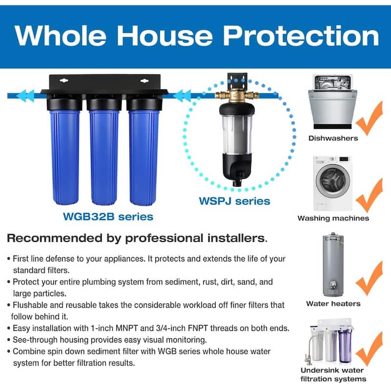 iSpring Reusable Whole House Spin-Down Sediment Water Filter, Pre Filter