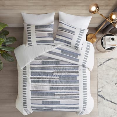 INK+IVY Serena 3 Piece Cotton Printed Duvet Cover Set w/trims Navy
