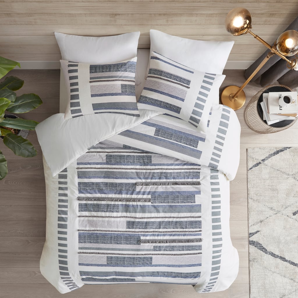 INK+IVY Serena 3 Piece Cotton Printed Duvet Cover Set w/trims Navy