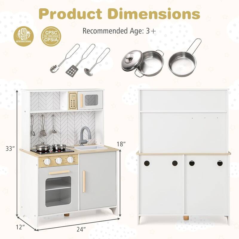 Wooden Toy Kitchen Pretend Kids Kitchen Playset w/Light