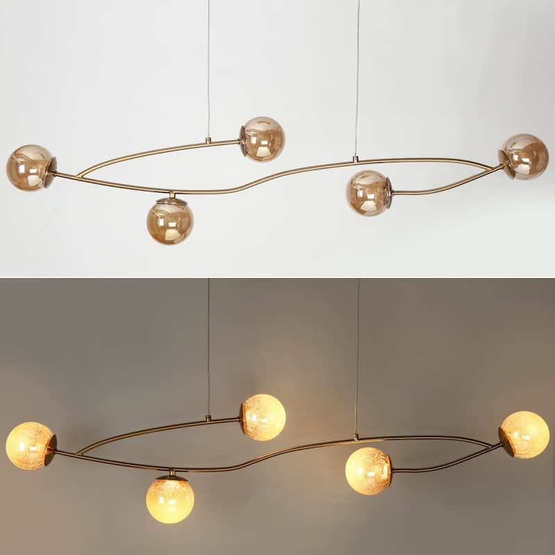 Modern Gold LED 5-Light Linear Art Glass Chandelier Kitchen Island Light - W45" x H71.2" Max