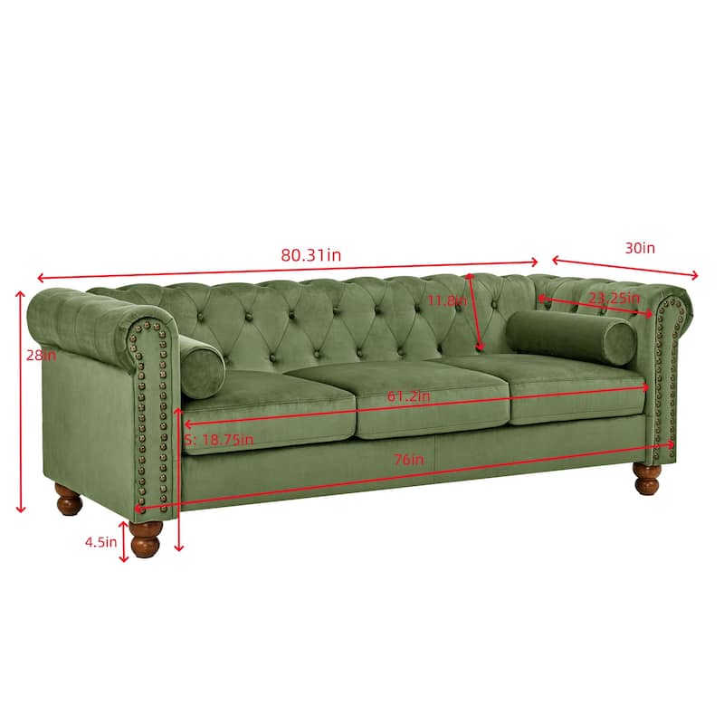 74.5'' Velvet 3-Seater Sofa with Button Tufting and Nailhead Accents