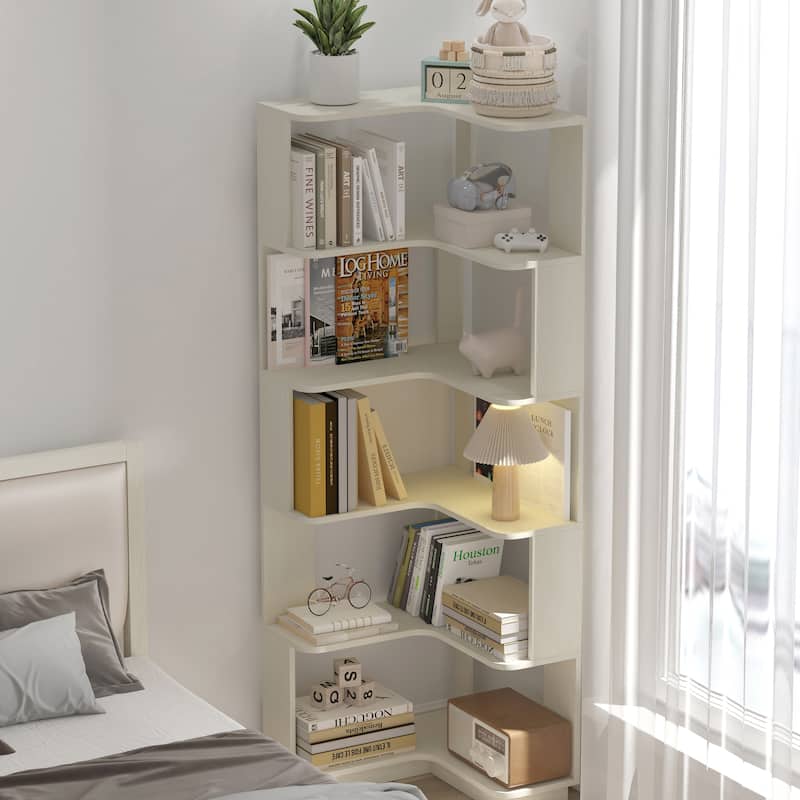 6 Tier Freestanding L-Shaped Corner Bookshelf For Living Room, Bedroom, Wooden Bookcase with anti tipping device
