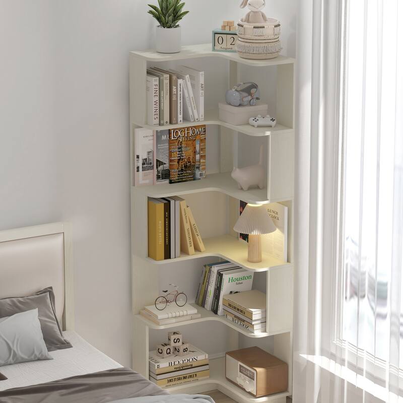 GDFStudio - Elysande Wood Corner Bookcase with 6-Tier Anti-Fall Design