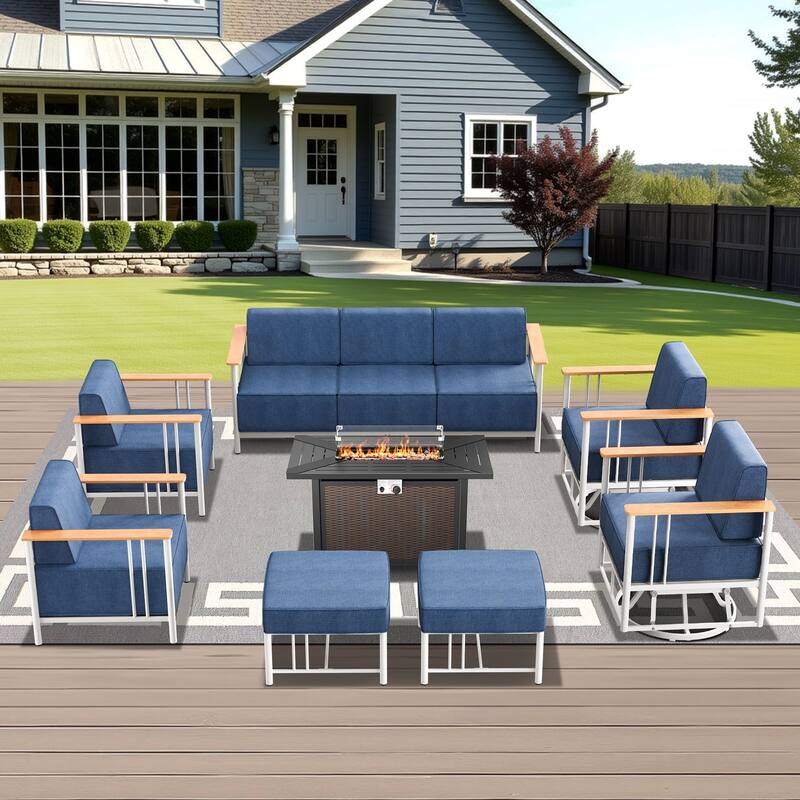 Outdoor Patio Funiture Set with Extra-Thick Seat cushion - White & BLue Cushion - 8PCS Sofa Chair Ottoman with Fire Table