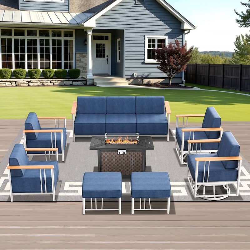 Pocassy 8PCS Sofa Chair Ottoman with Fire Table - White & BLue Cushion - 8PCS Sofa Chair Ottoman with Fire Table